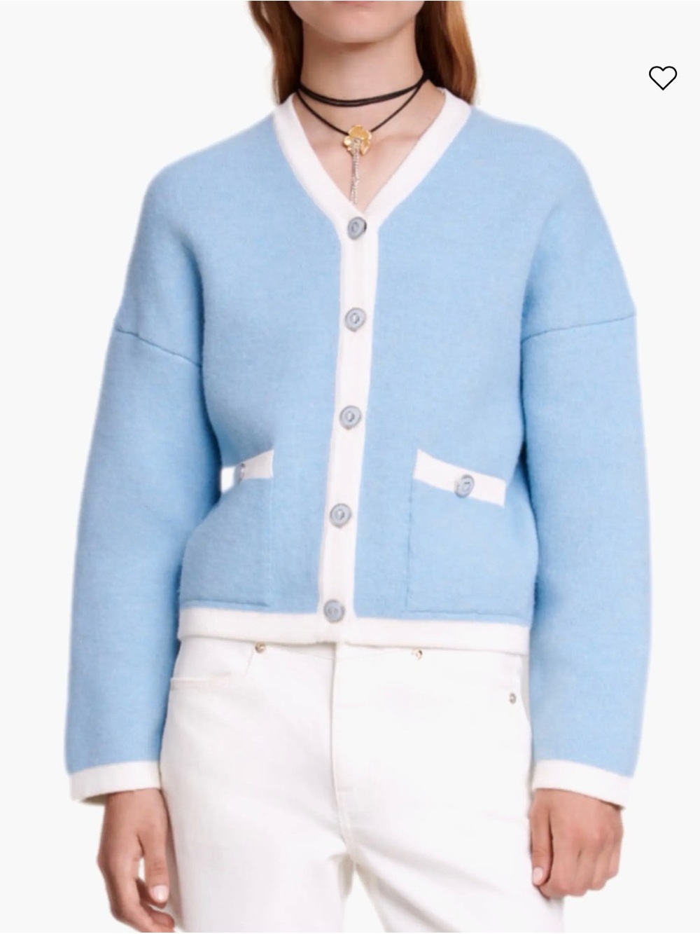 Maje Light Blue and white V-Neck Button Cardigan